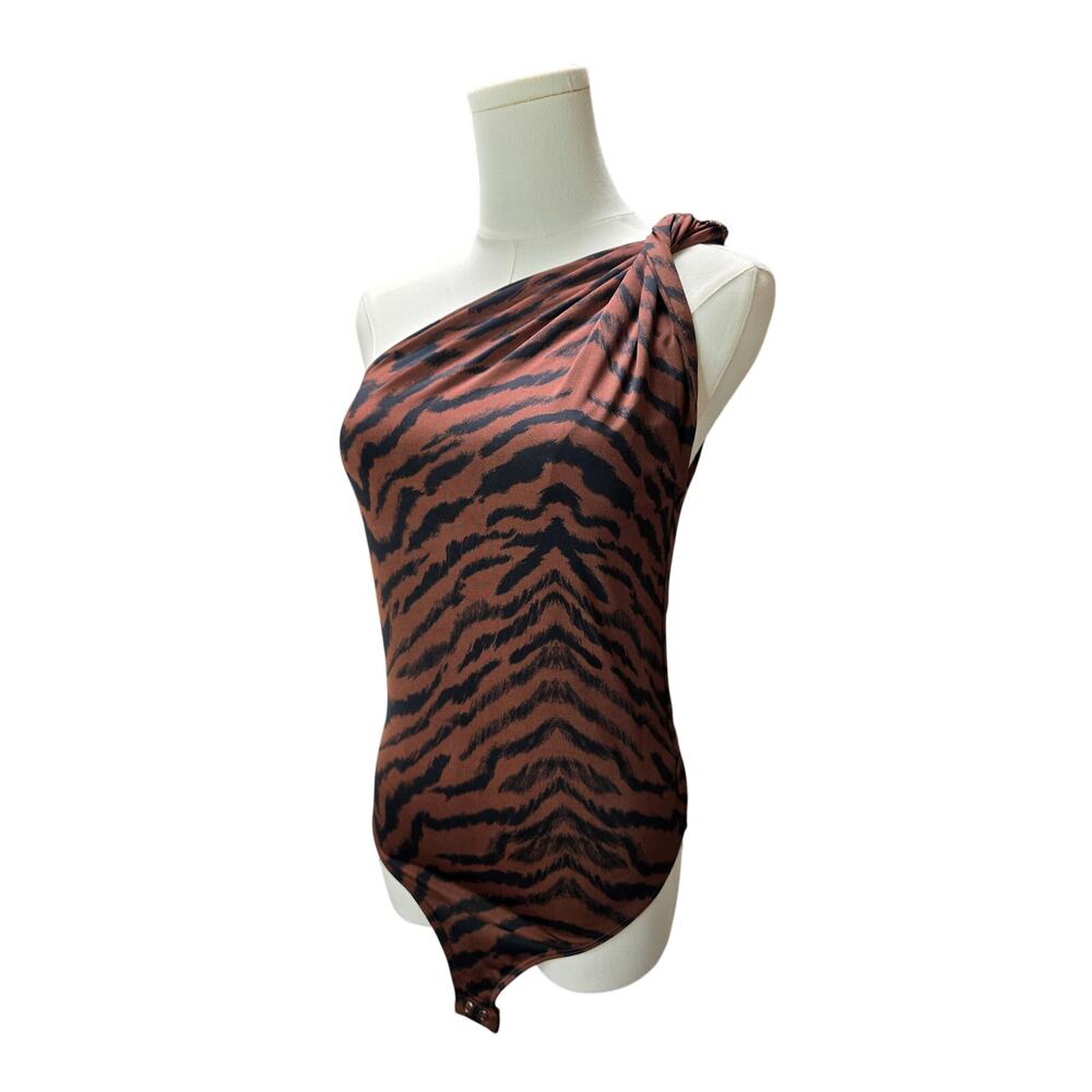 EXPRESS Black Brown Animal Prt One-Shoulder Bodysuit